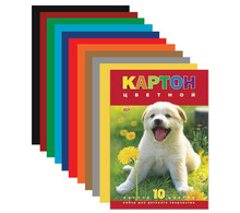 Картон цветной А4 МЕЛОВАННЫЙ, 10 листов 10 цветов, в папке, HATBER VK, 195х290 мм, "Белый щенок", 10Кц4 03414, N217276