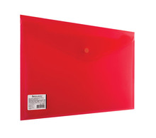 Папка-конверт с кнопкой BRAUBERG, А4, до 100 листов, прозрачная, красная, СВЕРХПРОЧНАЯ 0,18 мм, 224812