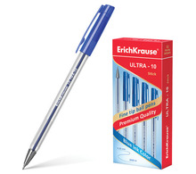 Ручка шариковая масляная ERICH KRAUSE "Ultra-10", СИНЯЯ, корпус прозрачный, узел 0,7 мм, линия письма 0,26 мм, 13873
