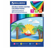 Цветная бумага А4 2-сторонняя мелованная, 16 листов 16 цветов, на скобе, BRAUBERG ЭКО, 200х280 мм, "Кораблик", 111327